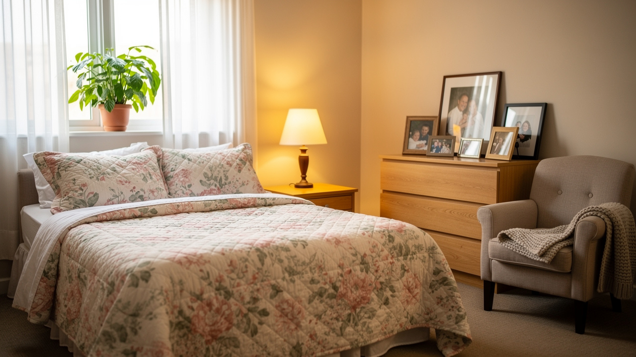 Cozy senior bedroom newly set up after moving day