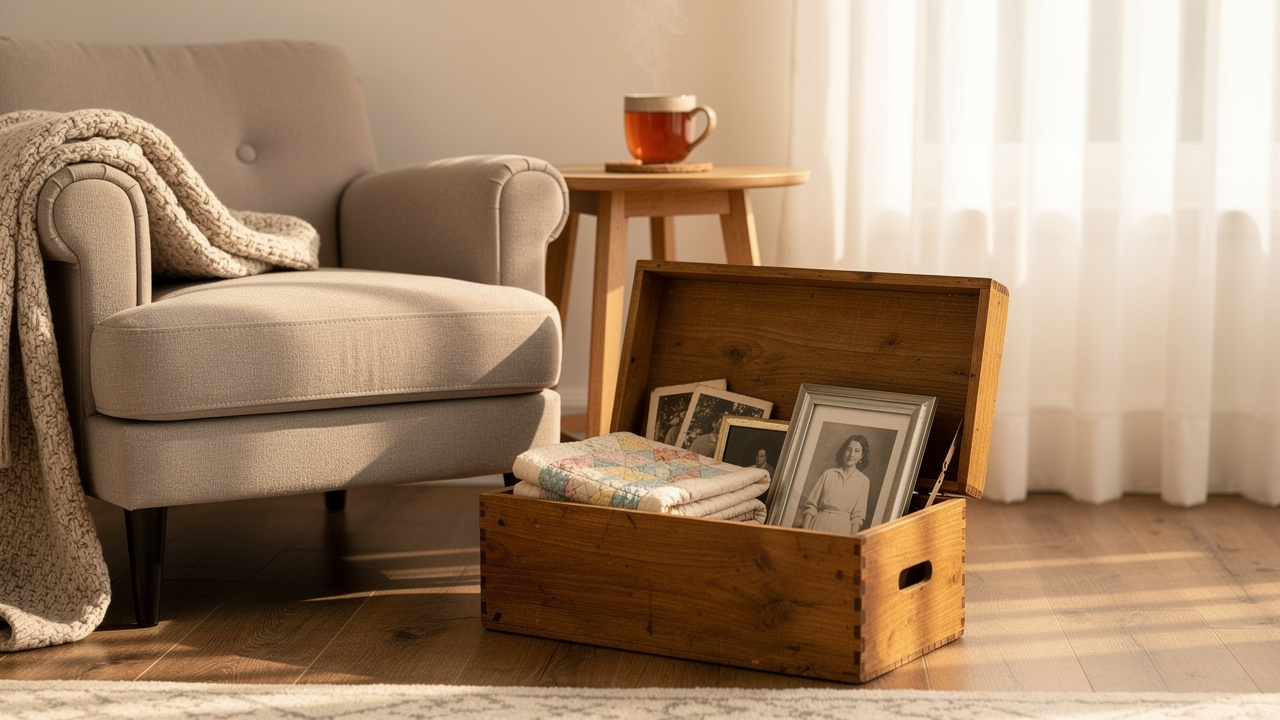 Small curated memory box prepared in a cozy living room