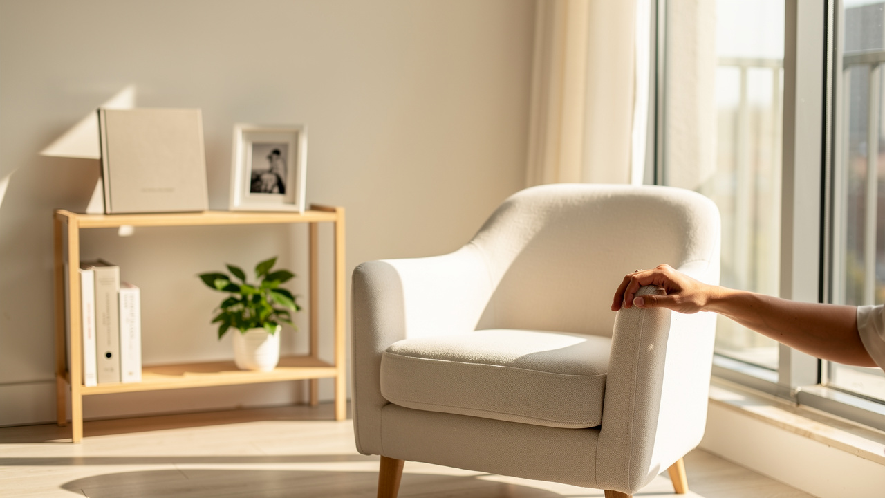 Peaceful simplified living room after thoughtful sentimental decluttering