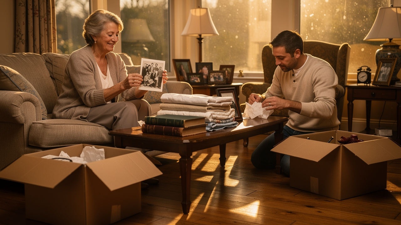 Elderly woman and son sorting belongings during home downsizing