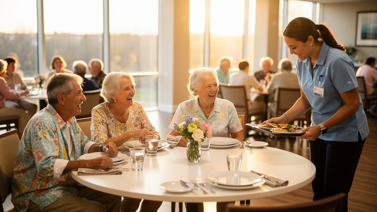 Seniors enjoying a social meal together in assisted living dining room