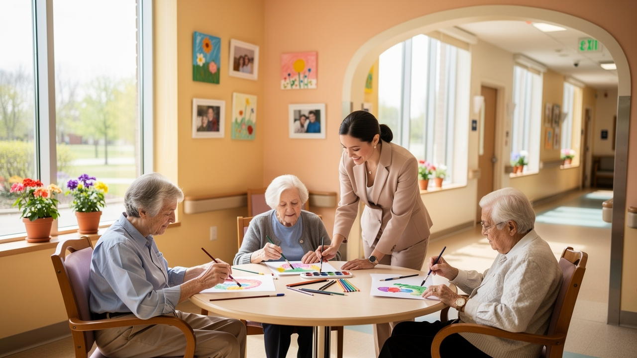 Elderly memory care residents doing art activity with caregiver