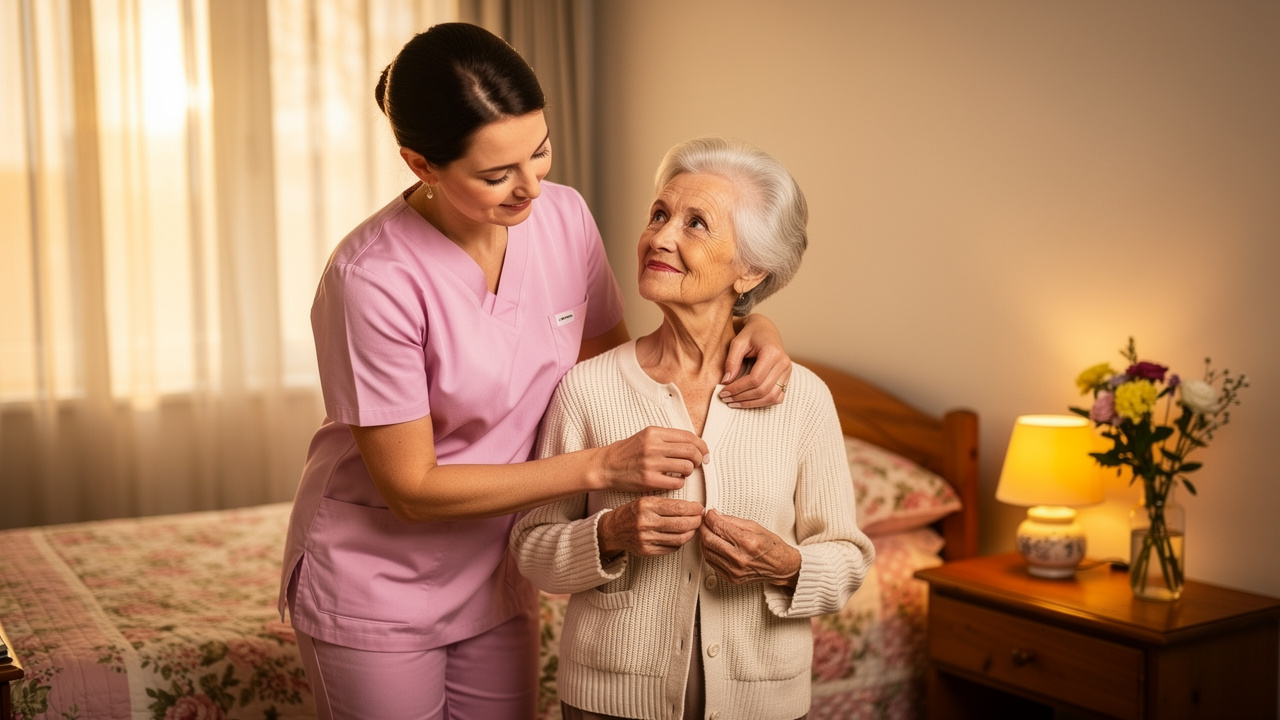Caregiver assisting elderly woman in assisted living room