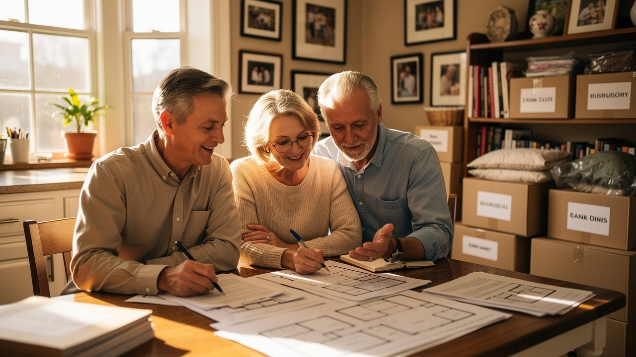 Senior downsizing consultant helping elderly couple plan move