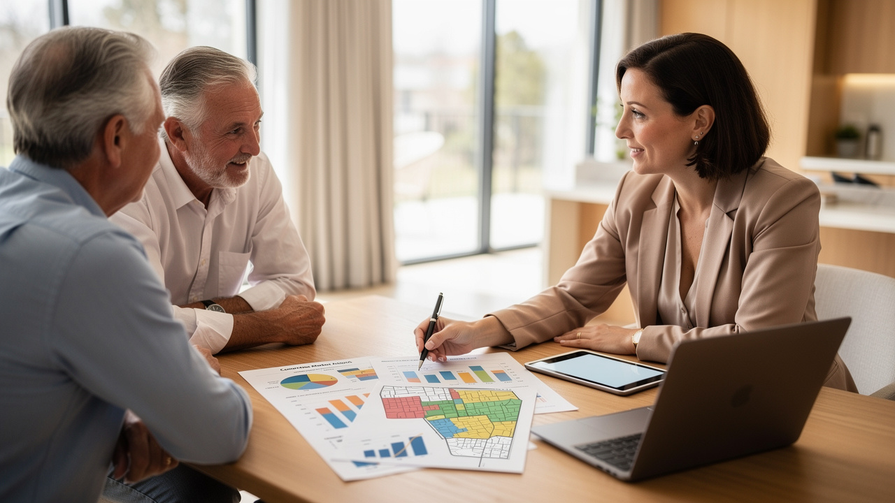 Real estate agent presenting market analysis to home sellers