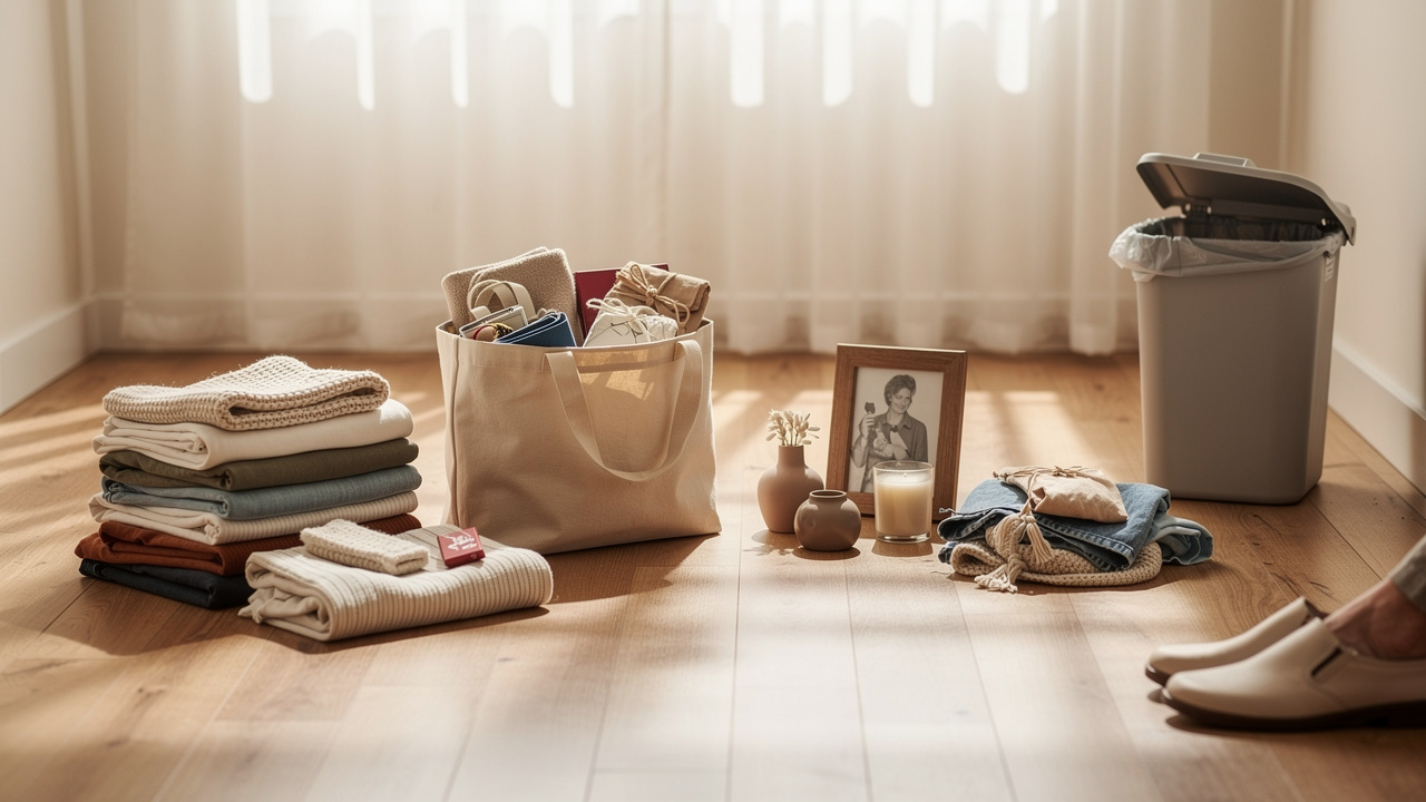Household items sorted into groups during home decluttering