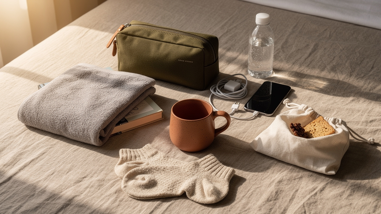 First night essentials neatly arranged for moving day comfort