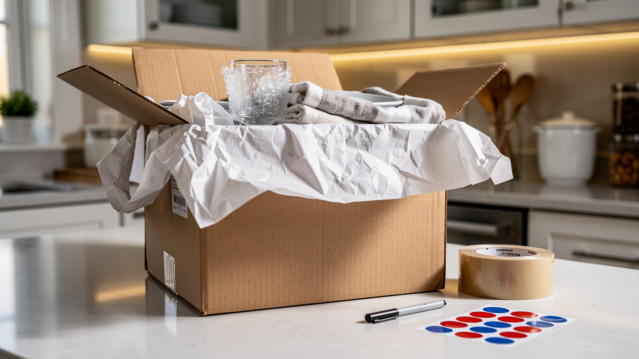 Carefully packed kitchen moving box with quality packing materials