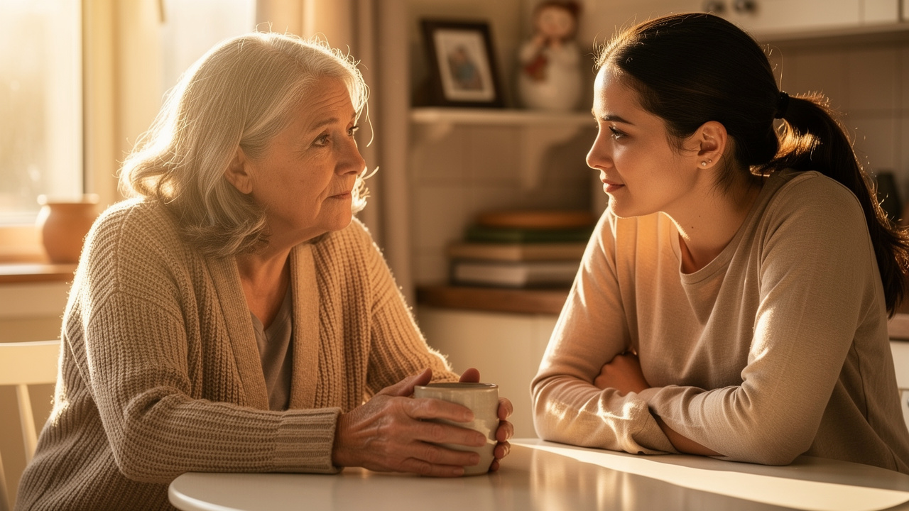 Two women sharing supportive conversation during home downsizing