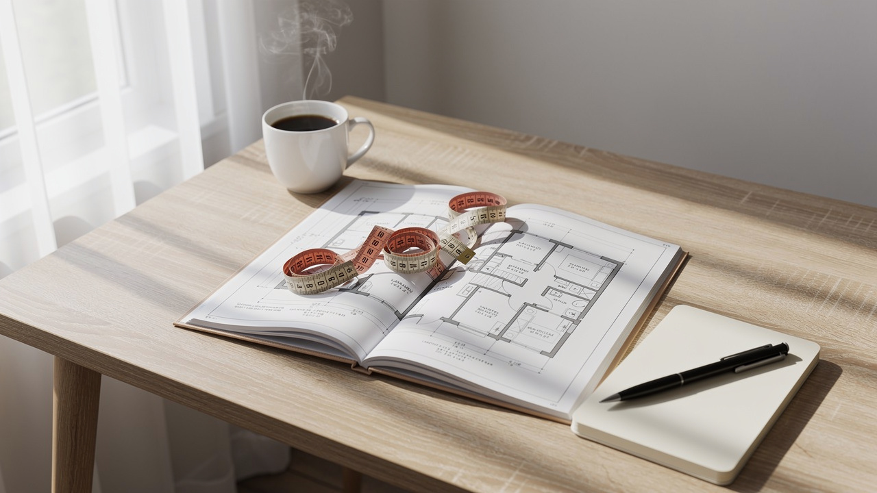Floor plan and notebook on desk for downsizing planning session