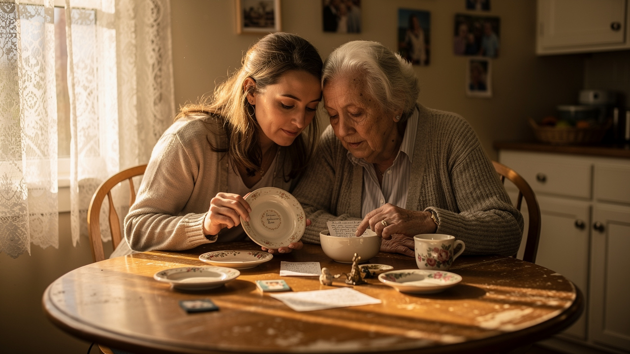Mother and daughter sorting sentimental kitchen items together