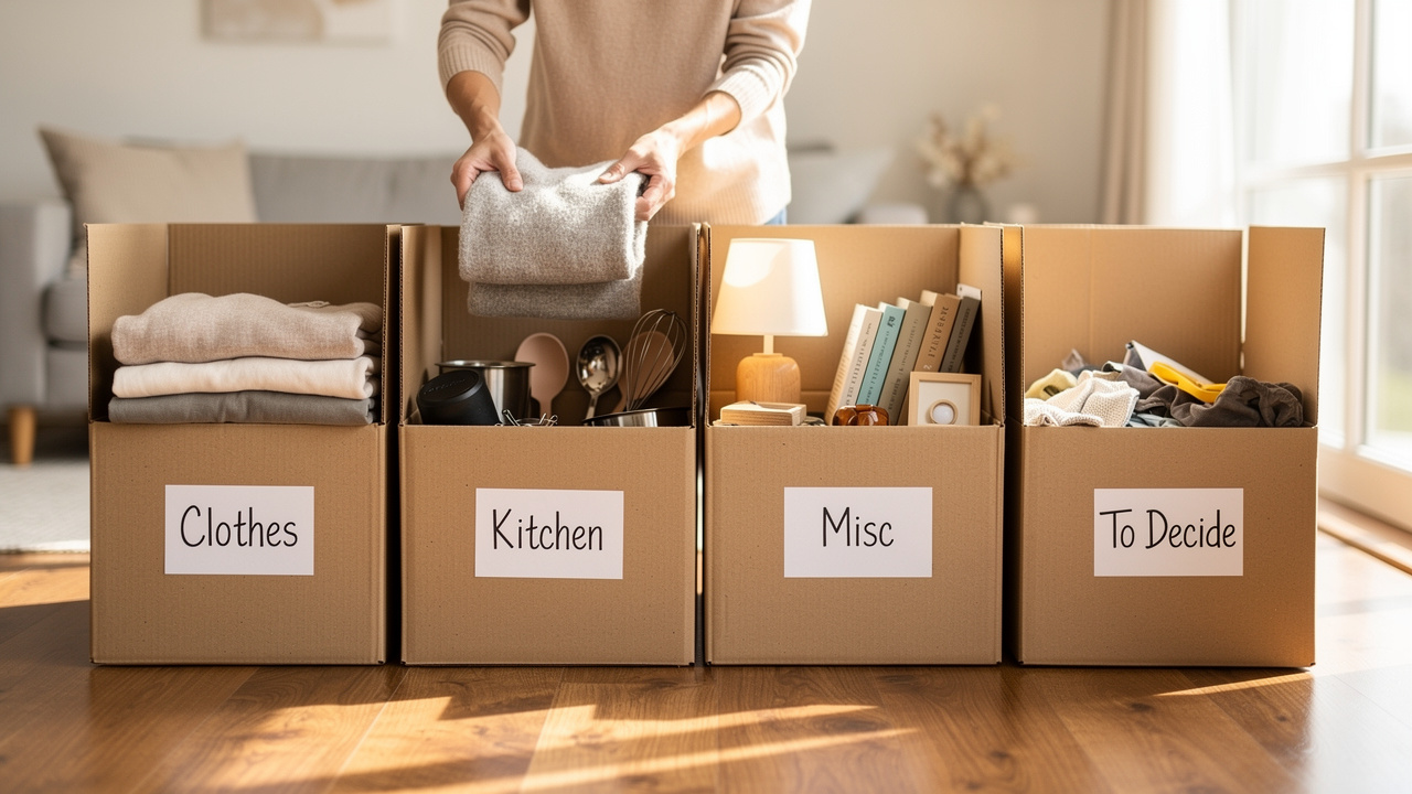 Four cardboard boxes on floor for sorting belongings during downsizing