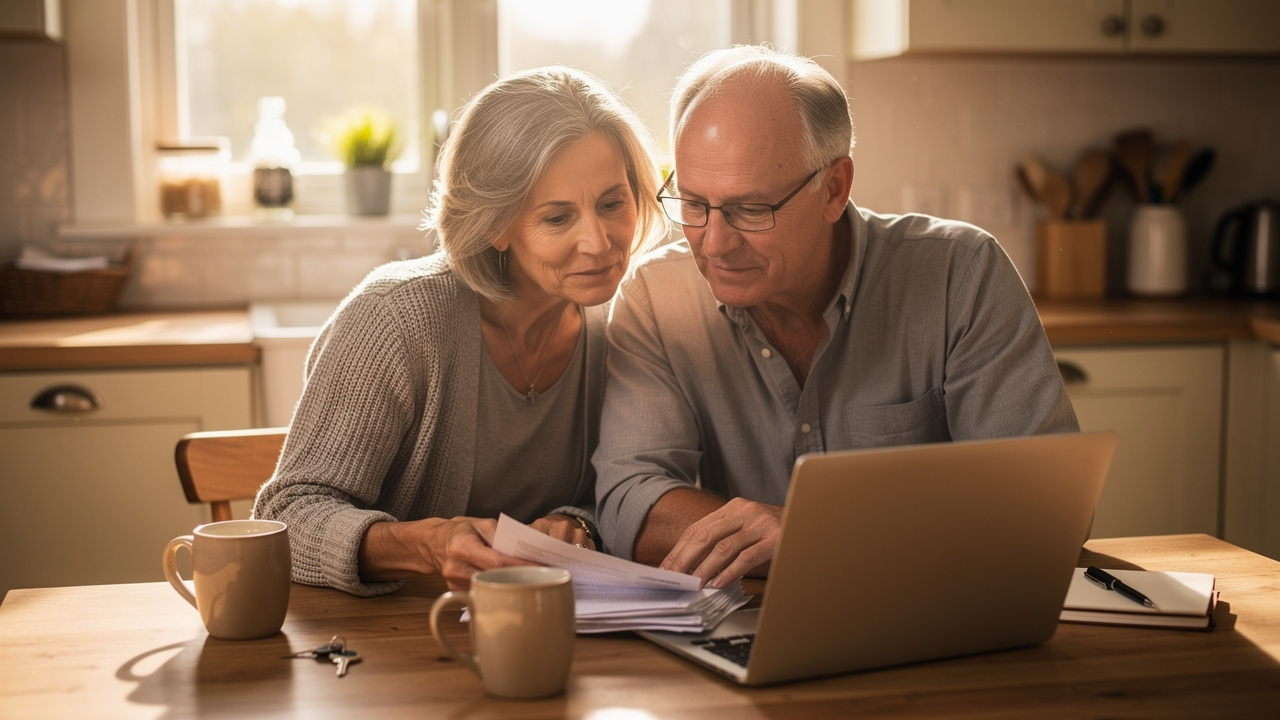 Senior couple reviewing home downsizing financial plans