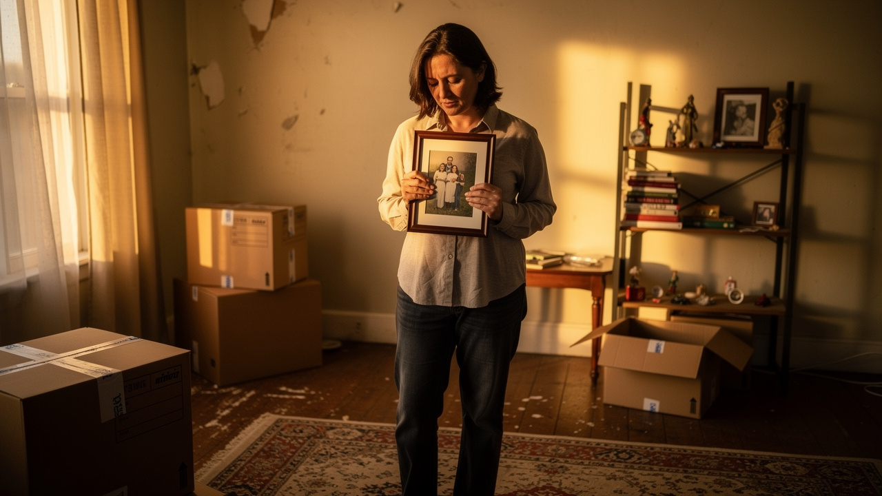 Person holding family photo while packing to downsize