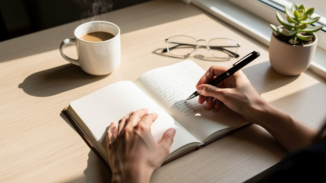 Person writing downsizing plan in journal with morning coffee