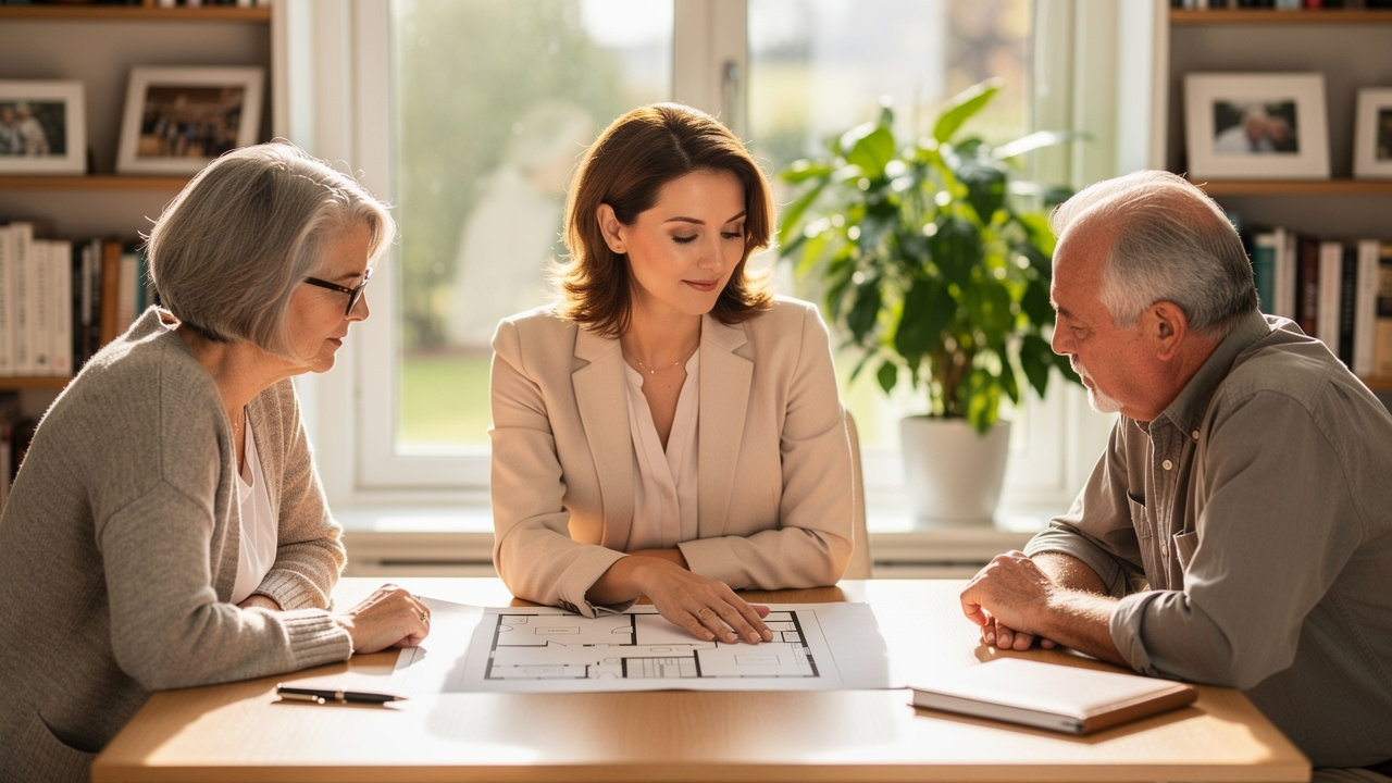 Downsizing advisor consulting with senior couple over floor plan