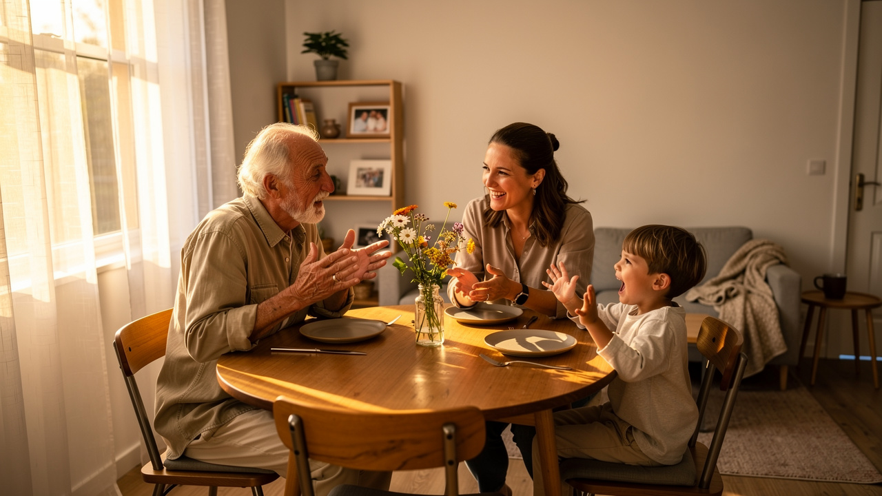 Family gathering joyfully in warm intentional smaller home