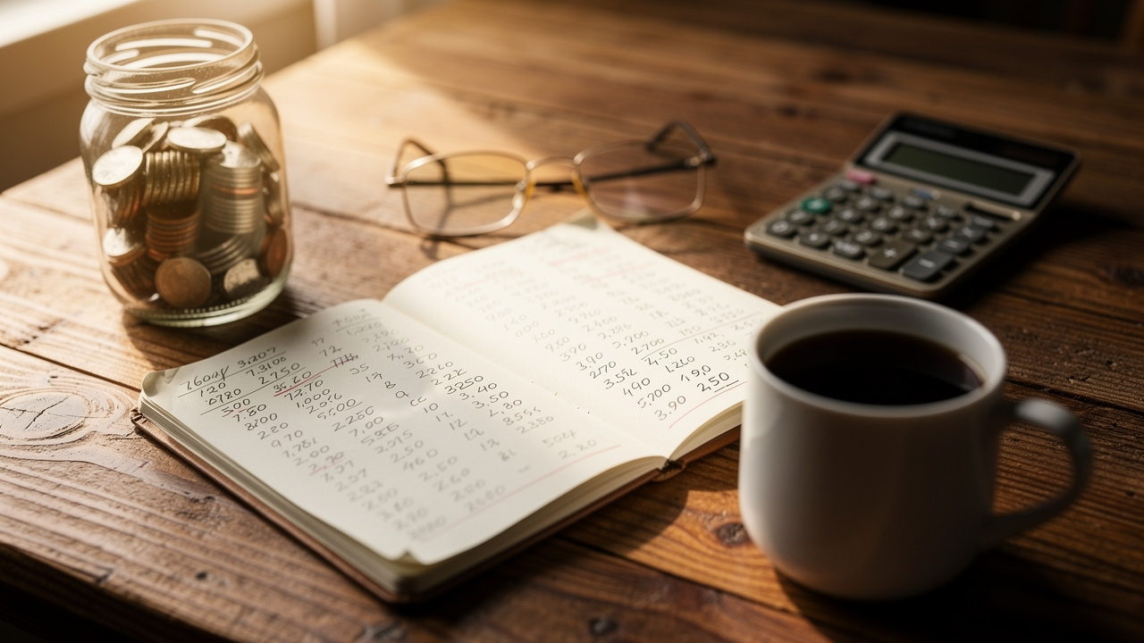 Household budget planning on kitchen table with savings jar