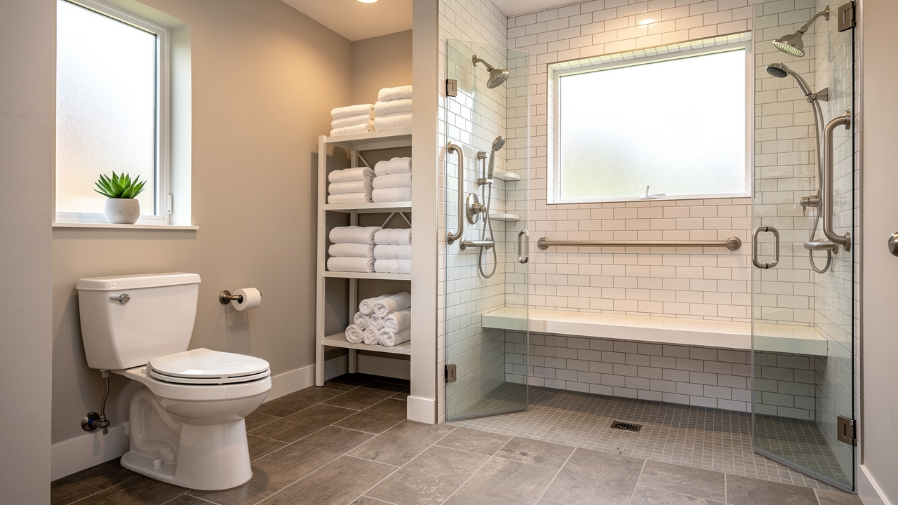 Accessible bathroom with grab bars and walk-in shower for seniors
