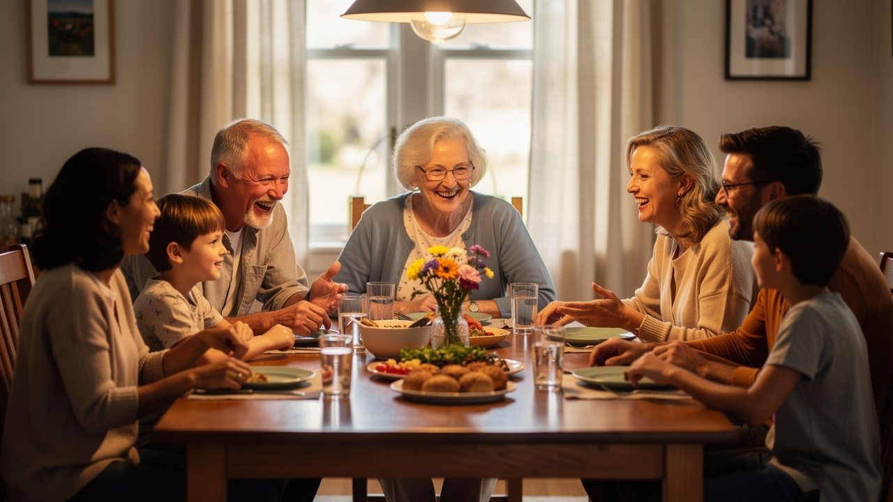 Multigenerational family enjoying a meal together after rightsizing
