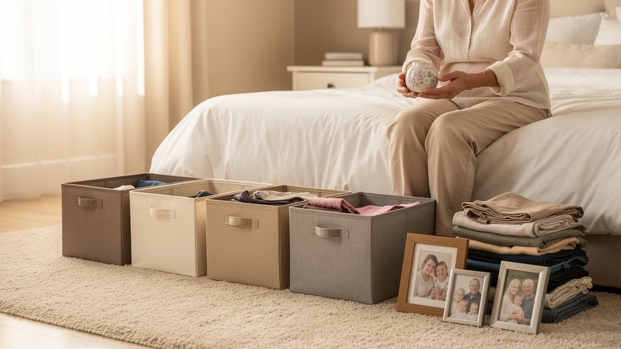 Senior woman carefully sorting belongings during the rightsizing process