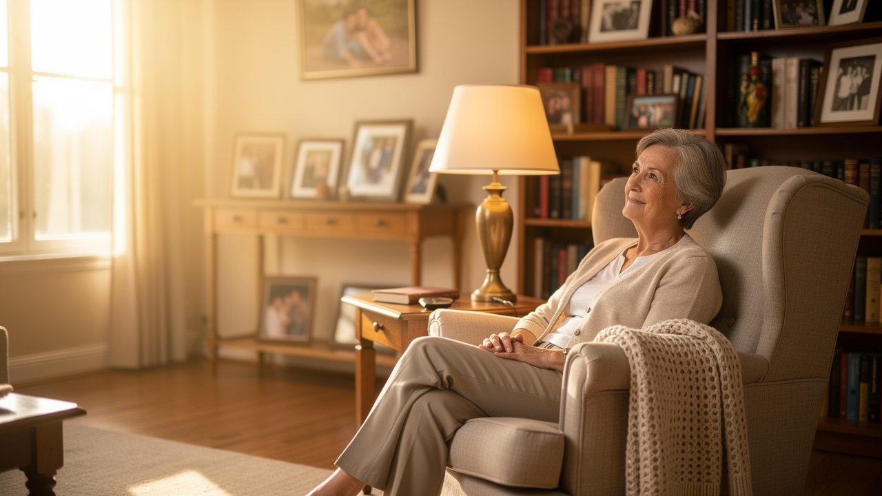 Elderly woman relaxing peacefully in her new apartment