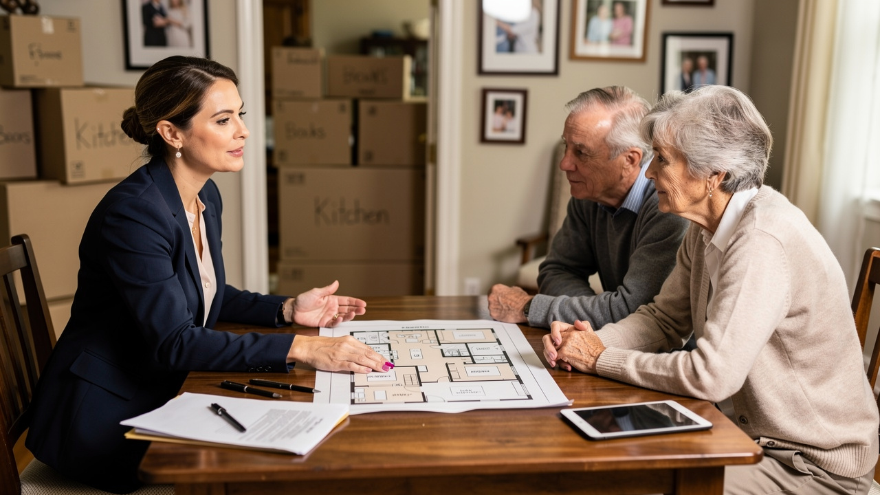 Move manager reviewing floor plan with elderly couple