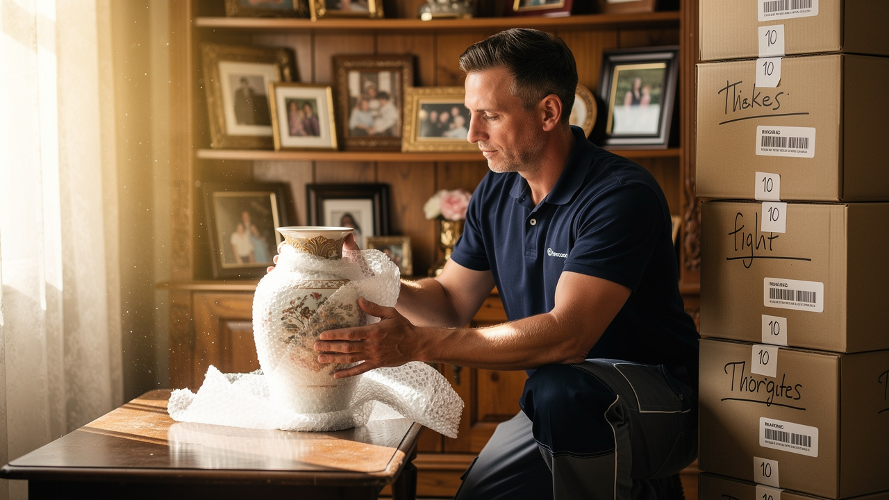 Professional mover carefully packing fragile family heirloom