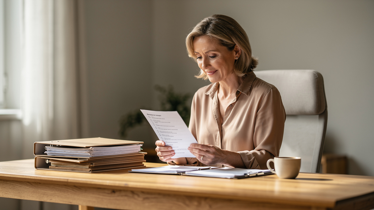 Caregiver reviewing organized downsizing checklist at home desk