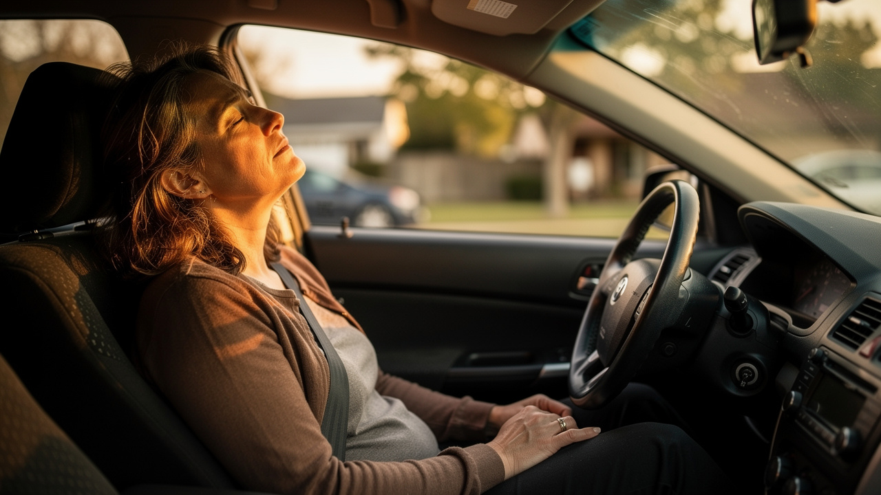 Exhausted caregiver resting alone inside a parked car