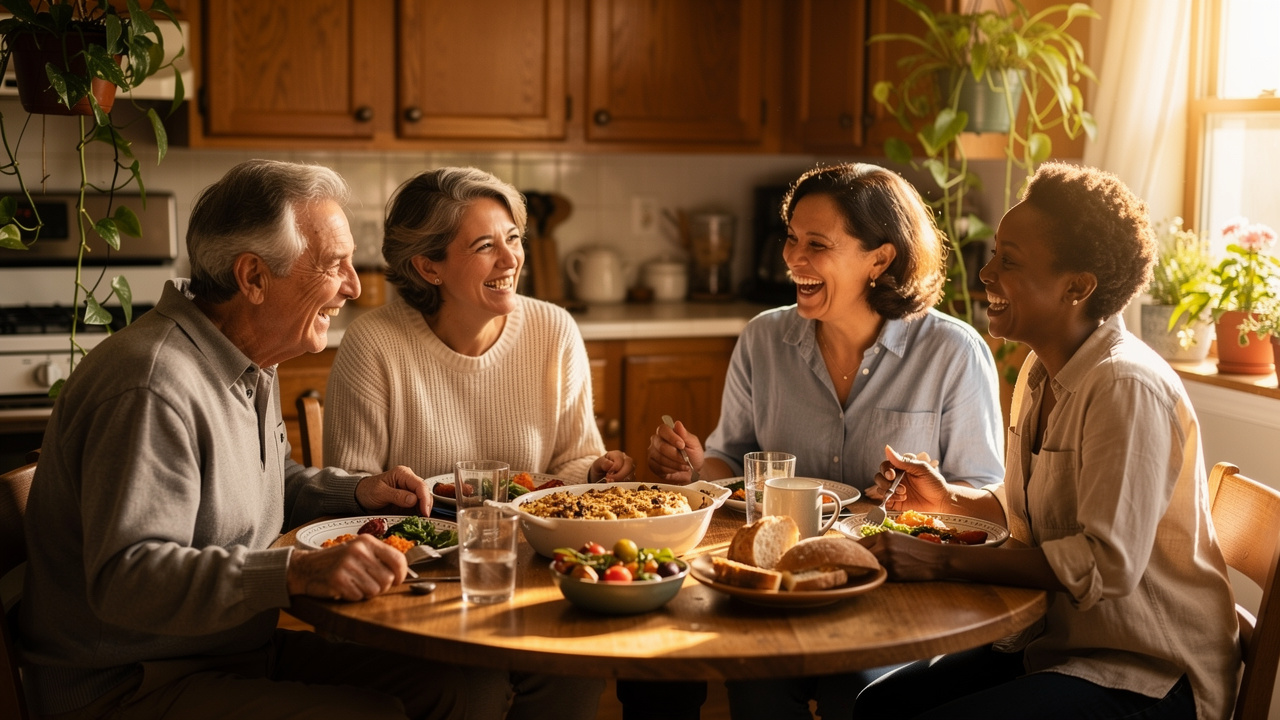 Caregivers building community and support network over shared meal