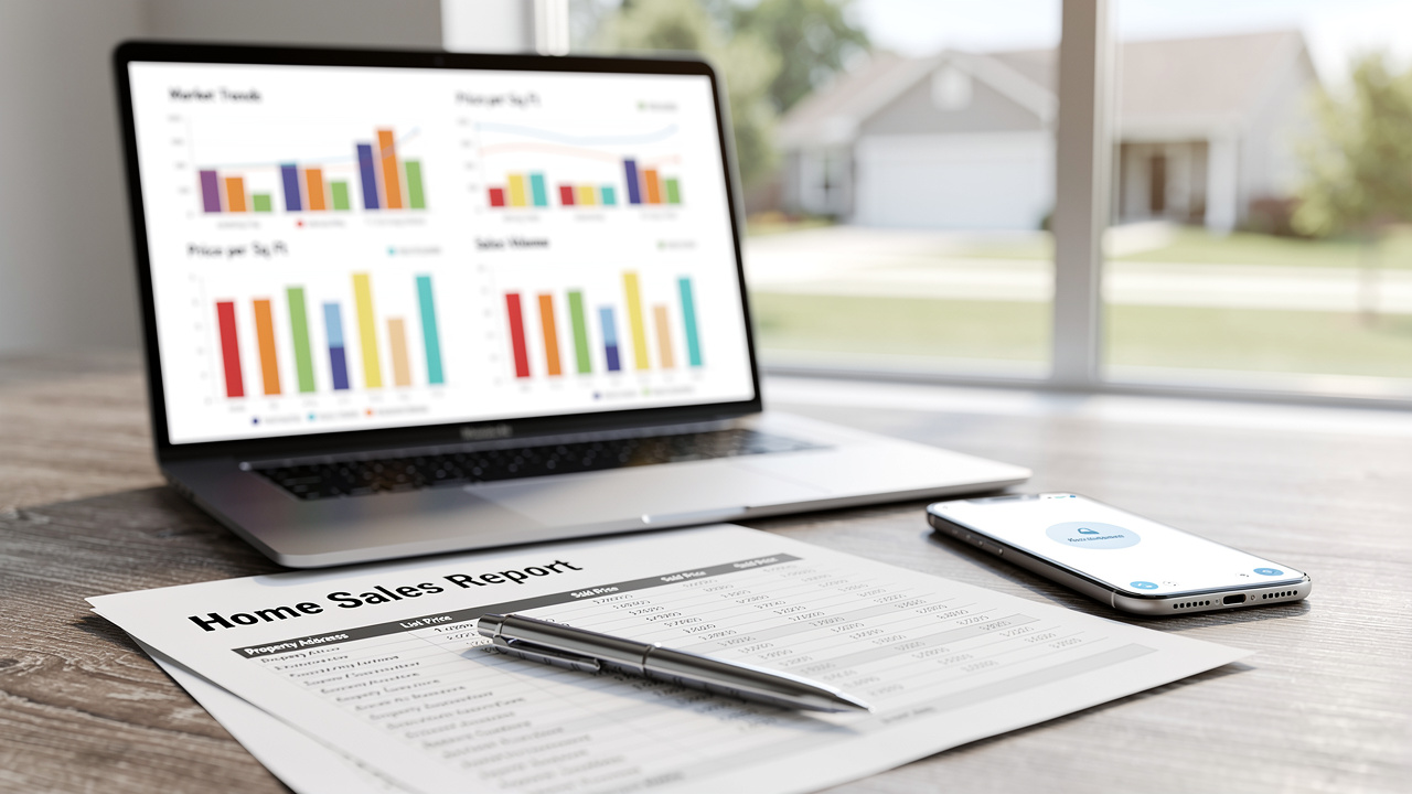 Real estate agent reviewing home sale performance data and charts