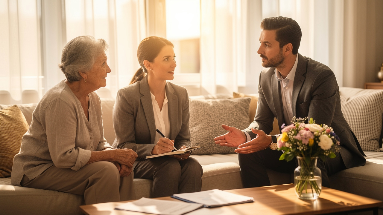 Family meeting with real estate agent to discuss downsizing communication