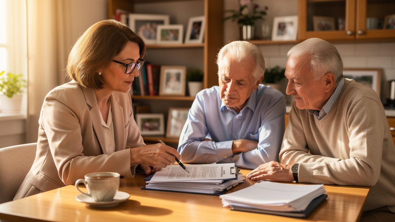 Real estate agent consulting senior couple at kitchen table