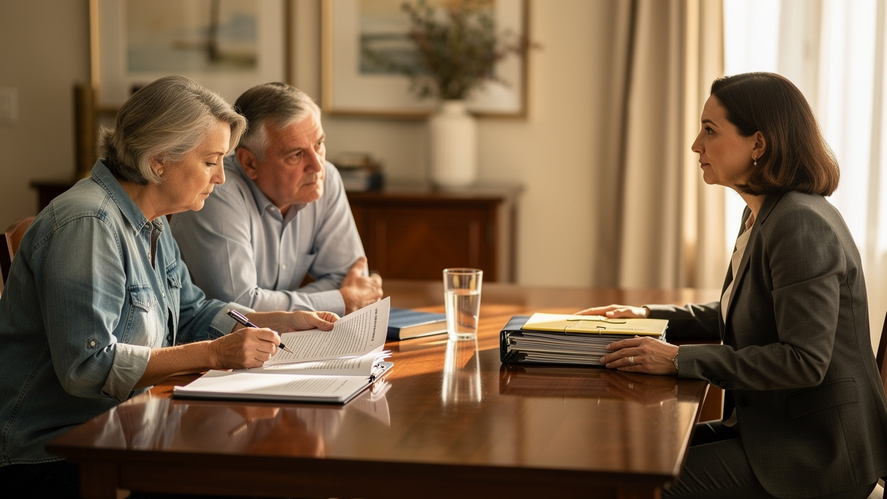 Senior couple reviewing real estate listing agreement with their agent