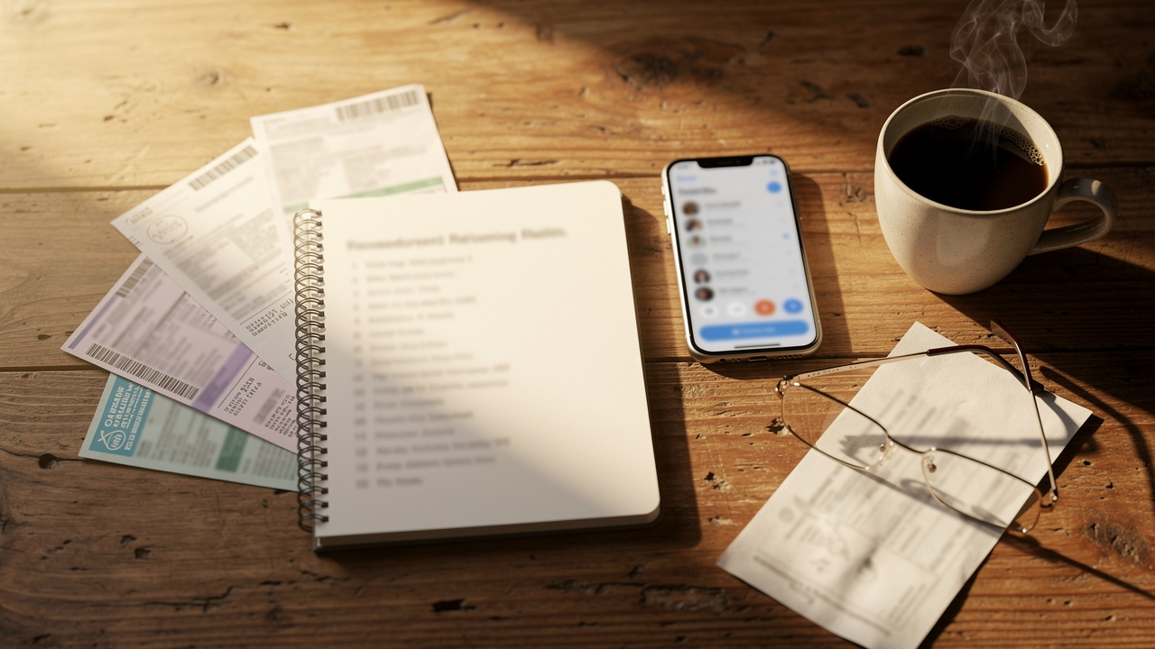 Organized desk with utility bills and a master moving checklist