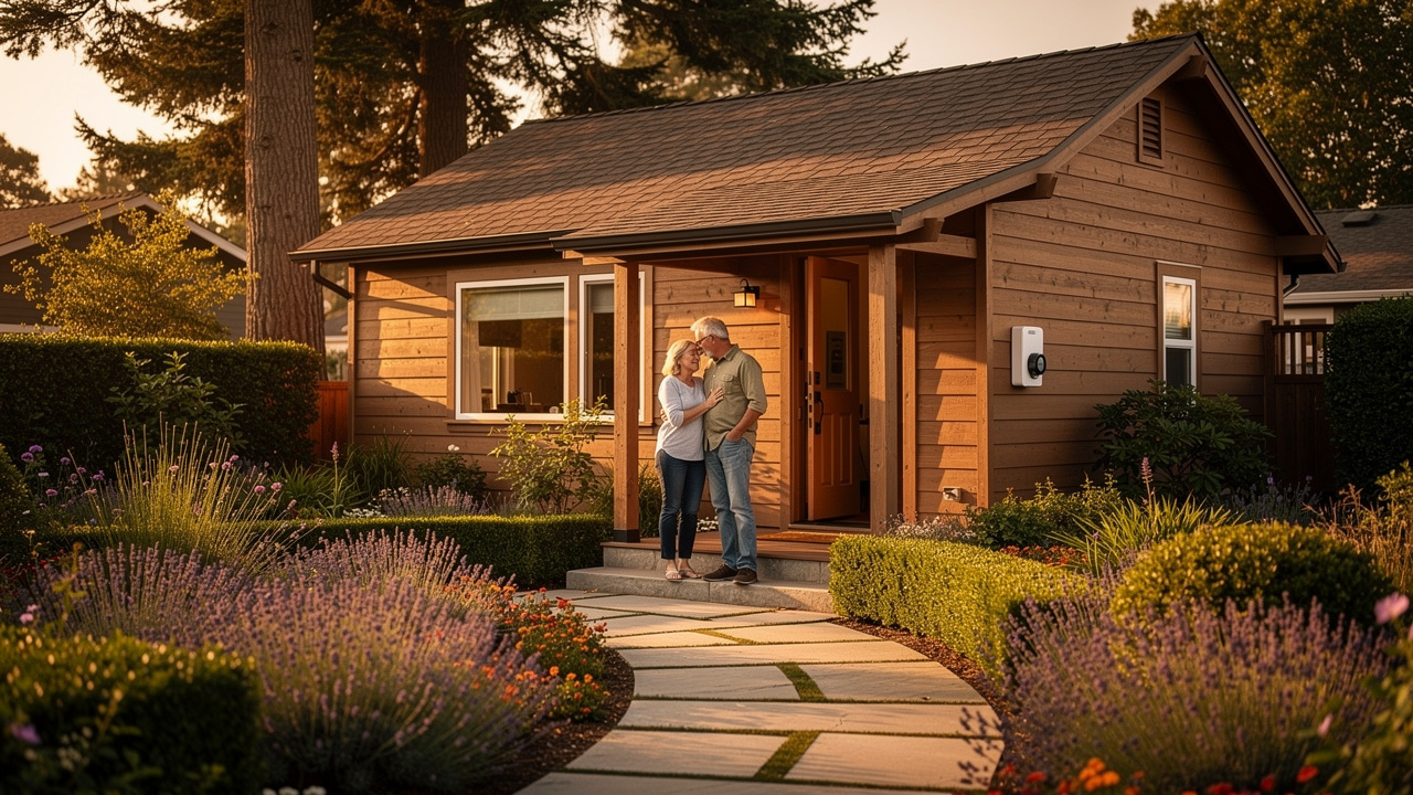 Mature couple enjoying peaceful new smaller home after successful move
