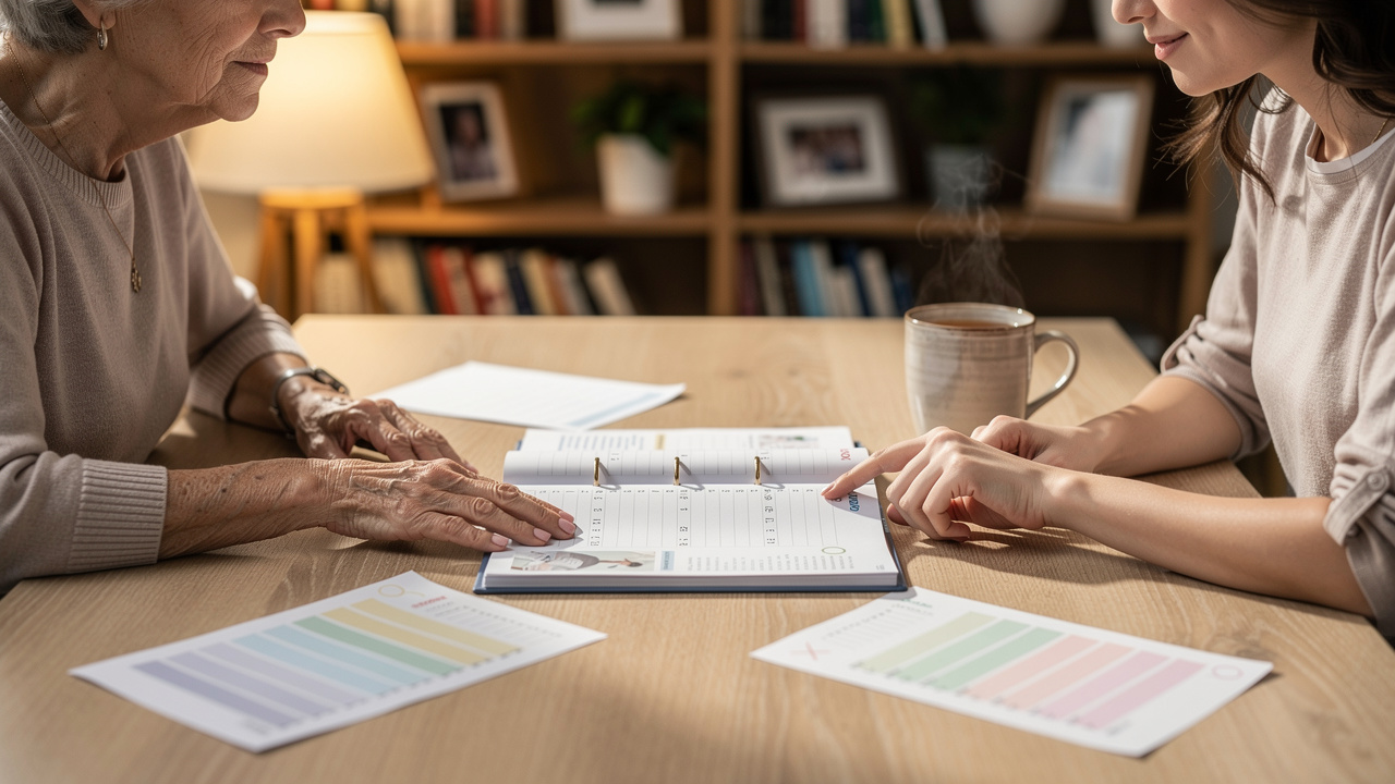 Mother and daughter calmly planning downsizing process together at table