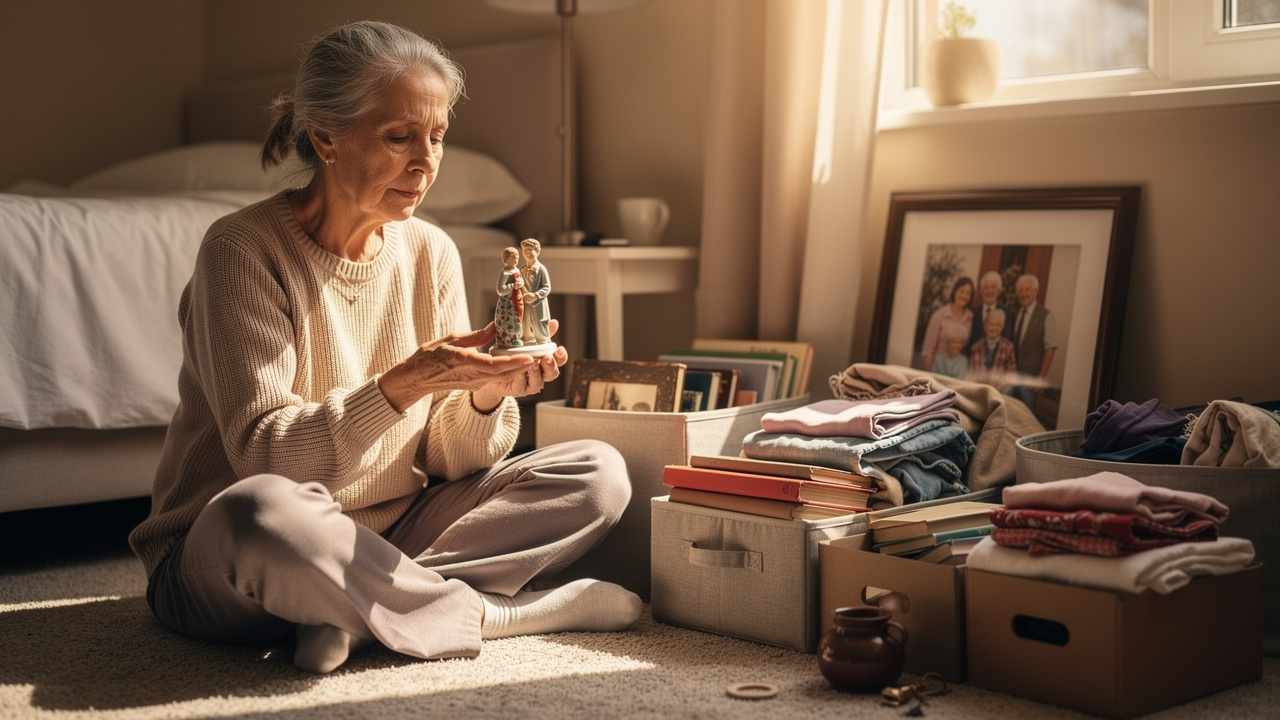 Elderly woman carefully sorting through sentimental household belongings