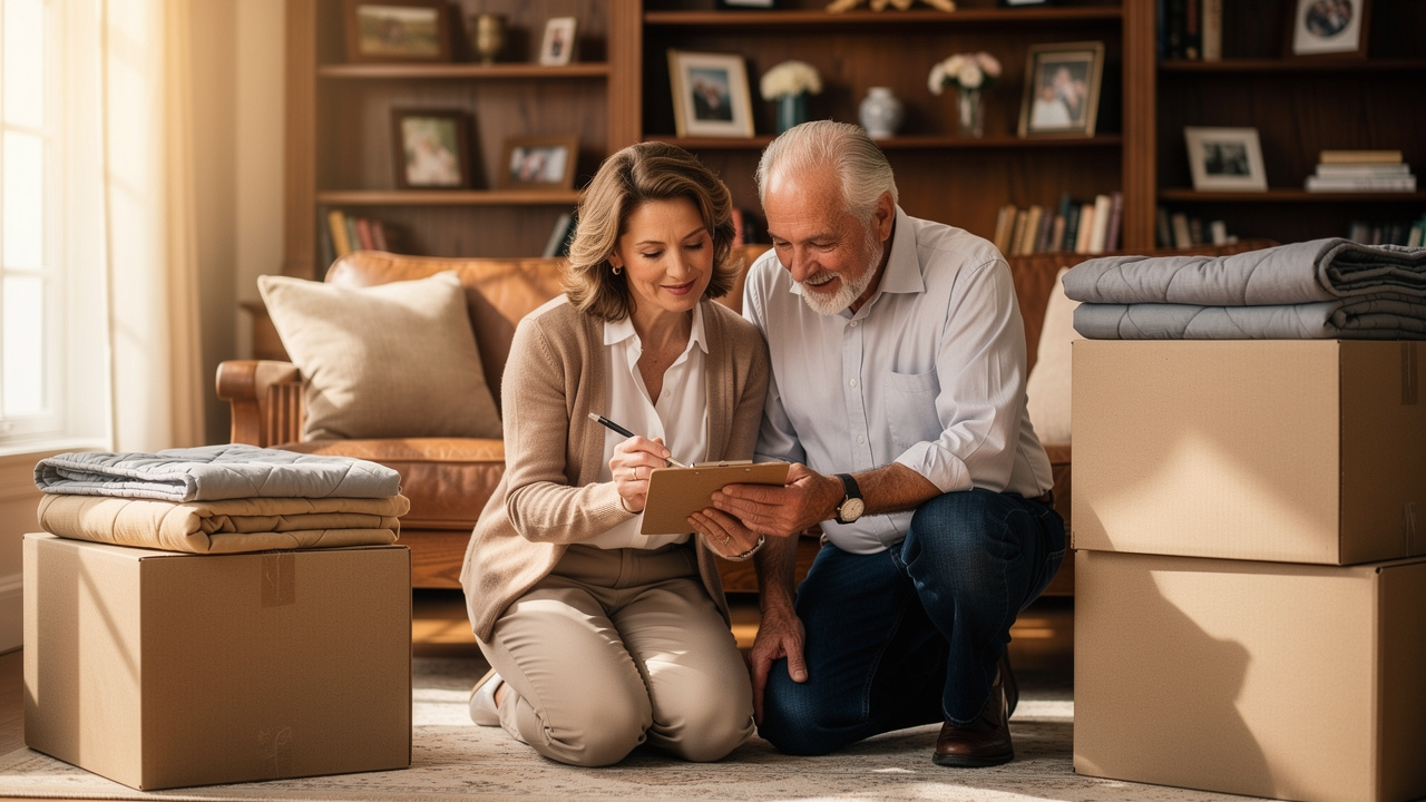 Professional move manager assisting elderly man with downsizing process