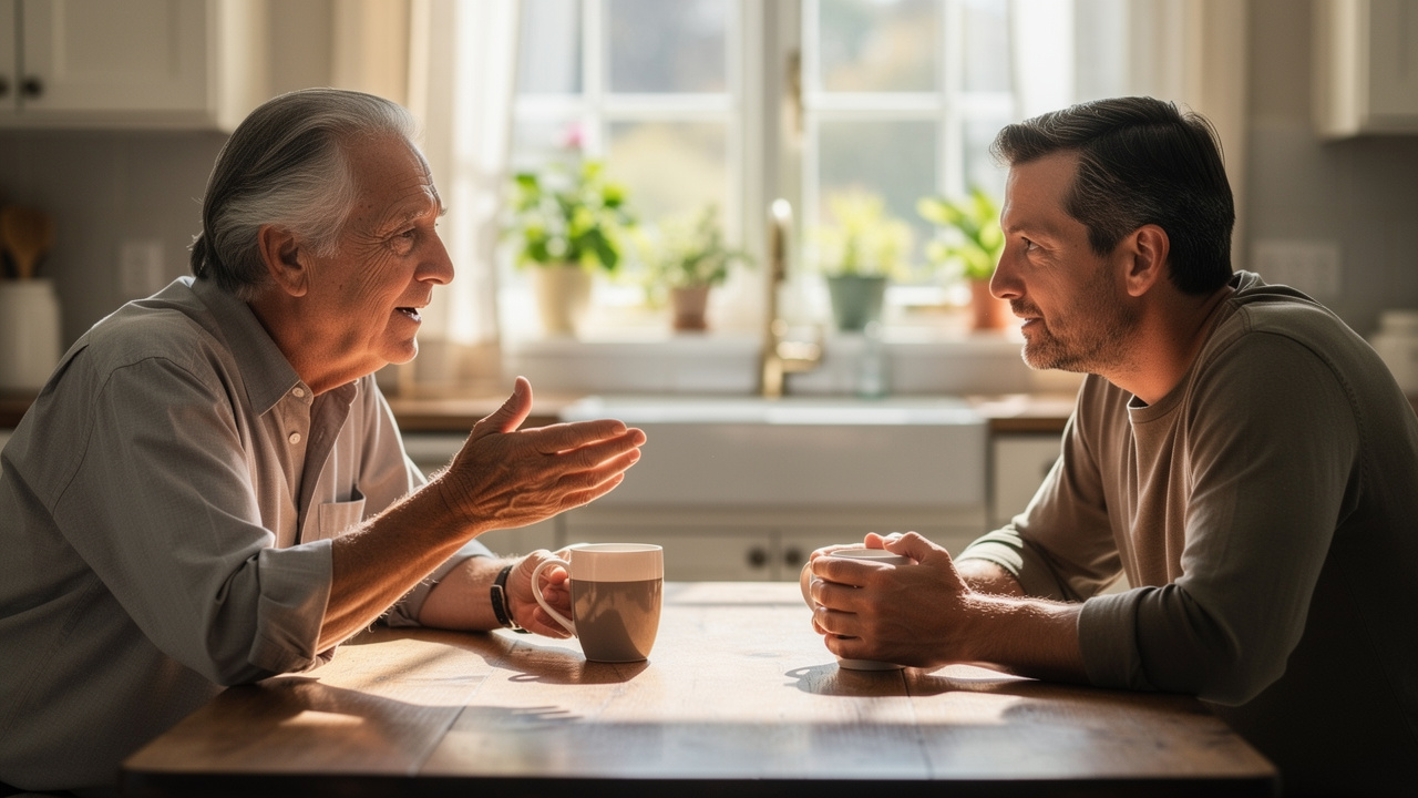 Father and son having a warm, open conversation at kitchen table