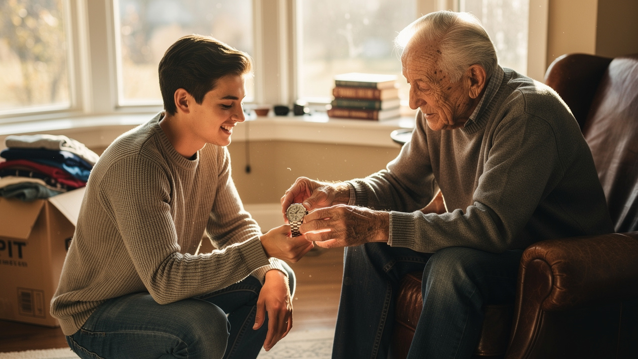 Grandfather passing treasured heirloom watch to grandson during downsizing