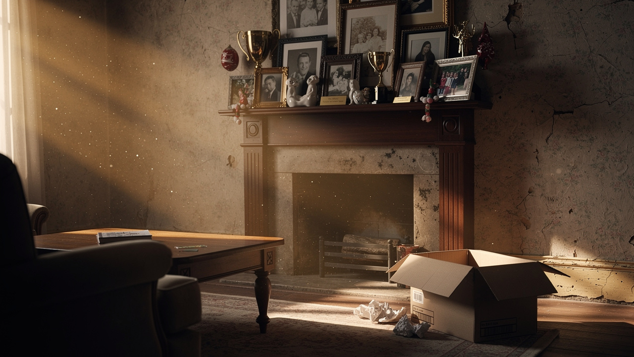 Living room mantle filled with decades of family memories