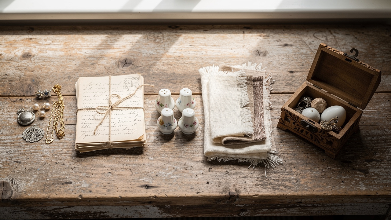 Organized piles of sentimental items sorted into keep and donate categories