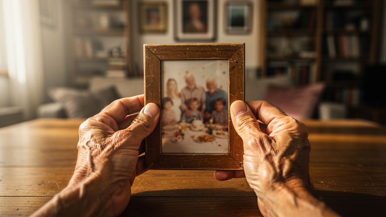 Elderly hands holding cherished family photograph with nostalgia