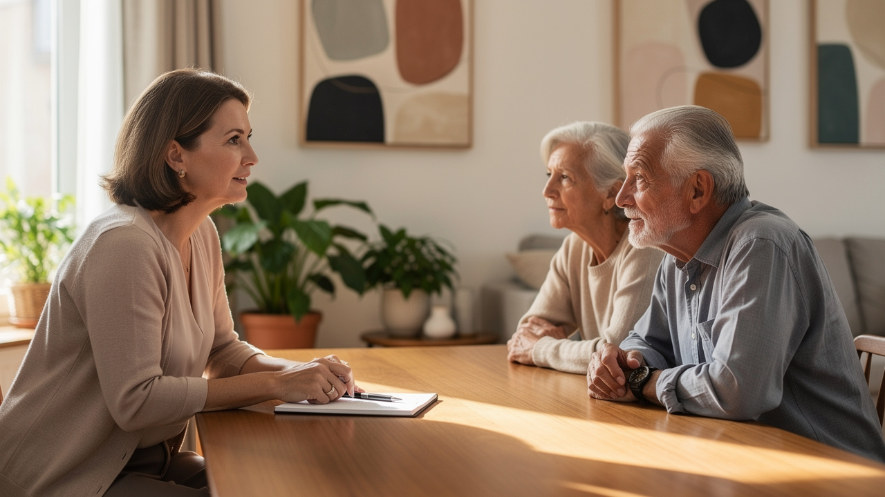 Senior move advisor meeting warmly with elderly couple at home