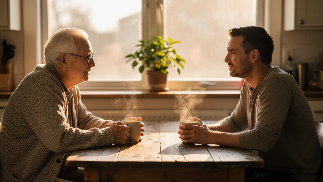 Father and adult son sharing relaxed morning coffee conversation