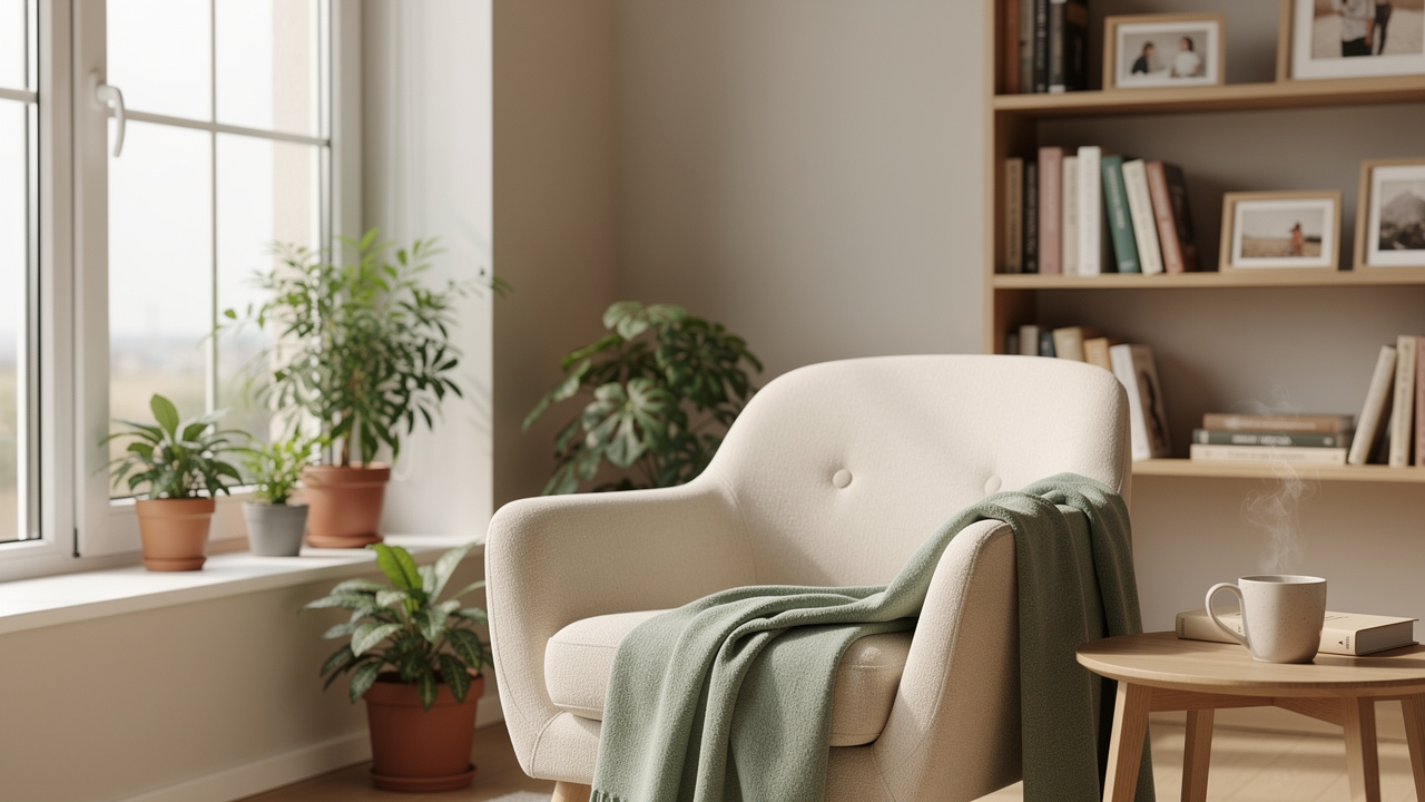 Bright peaceful downsized apartment living room with plants