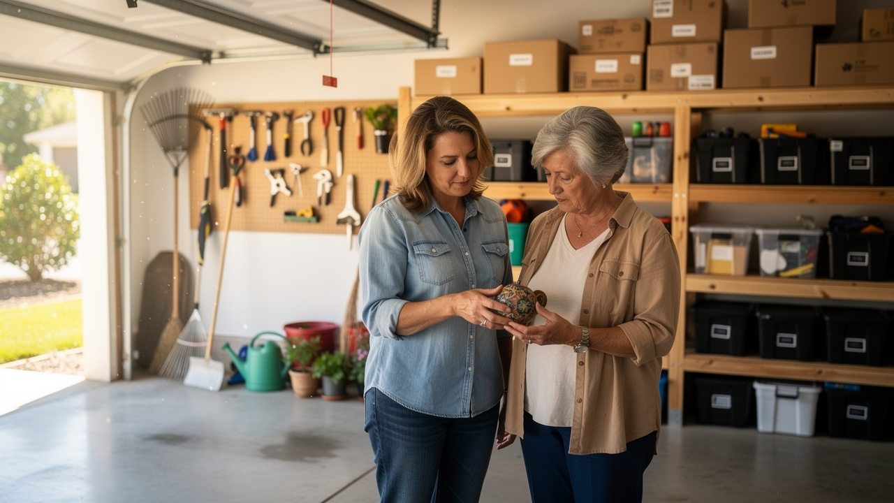 Mother and daughter calmly sorting belongings together in garage