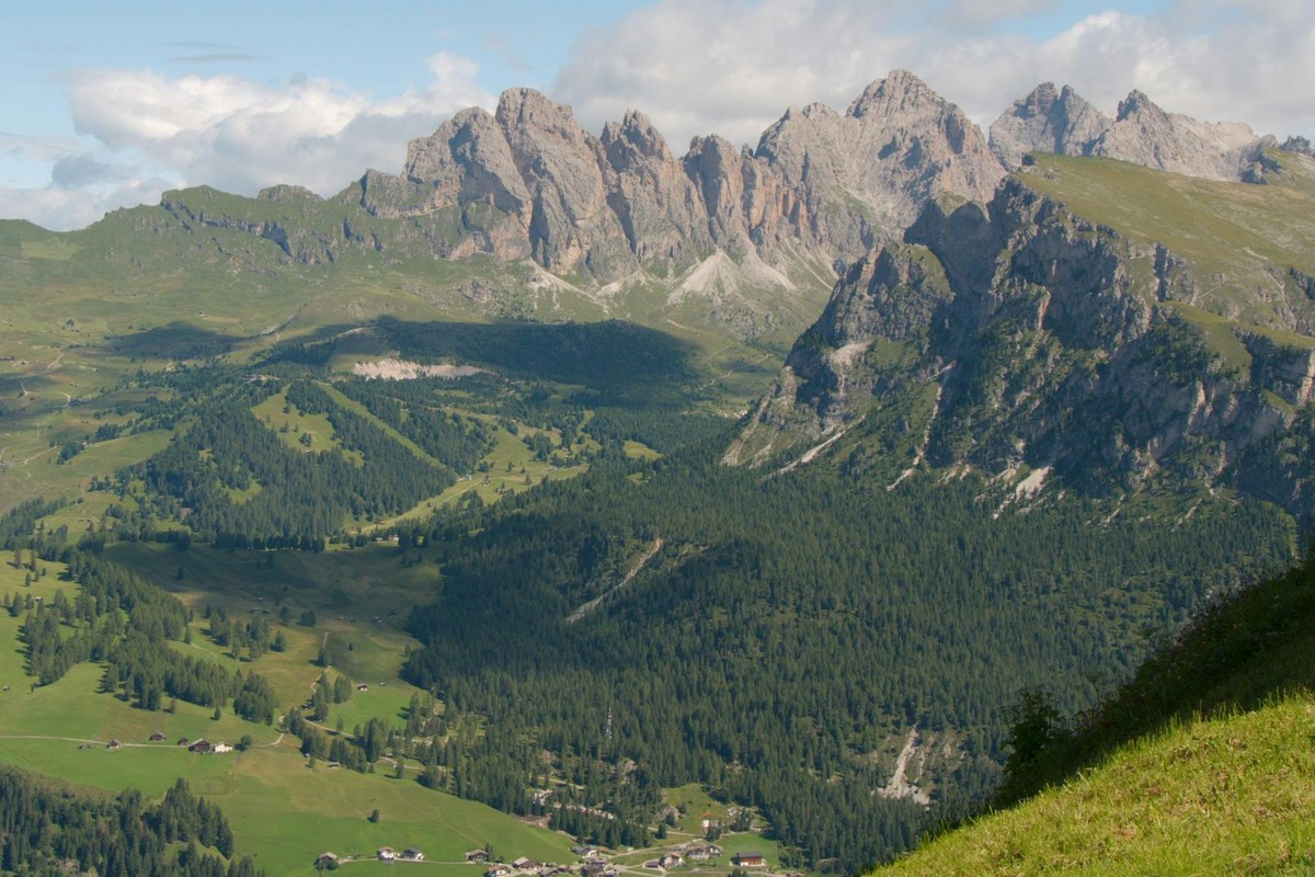 Scenic landscape view of the Dolomites and Selva di Val Gardena, Italy.